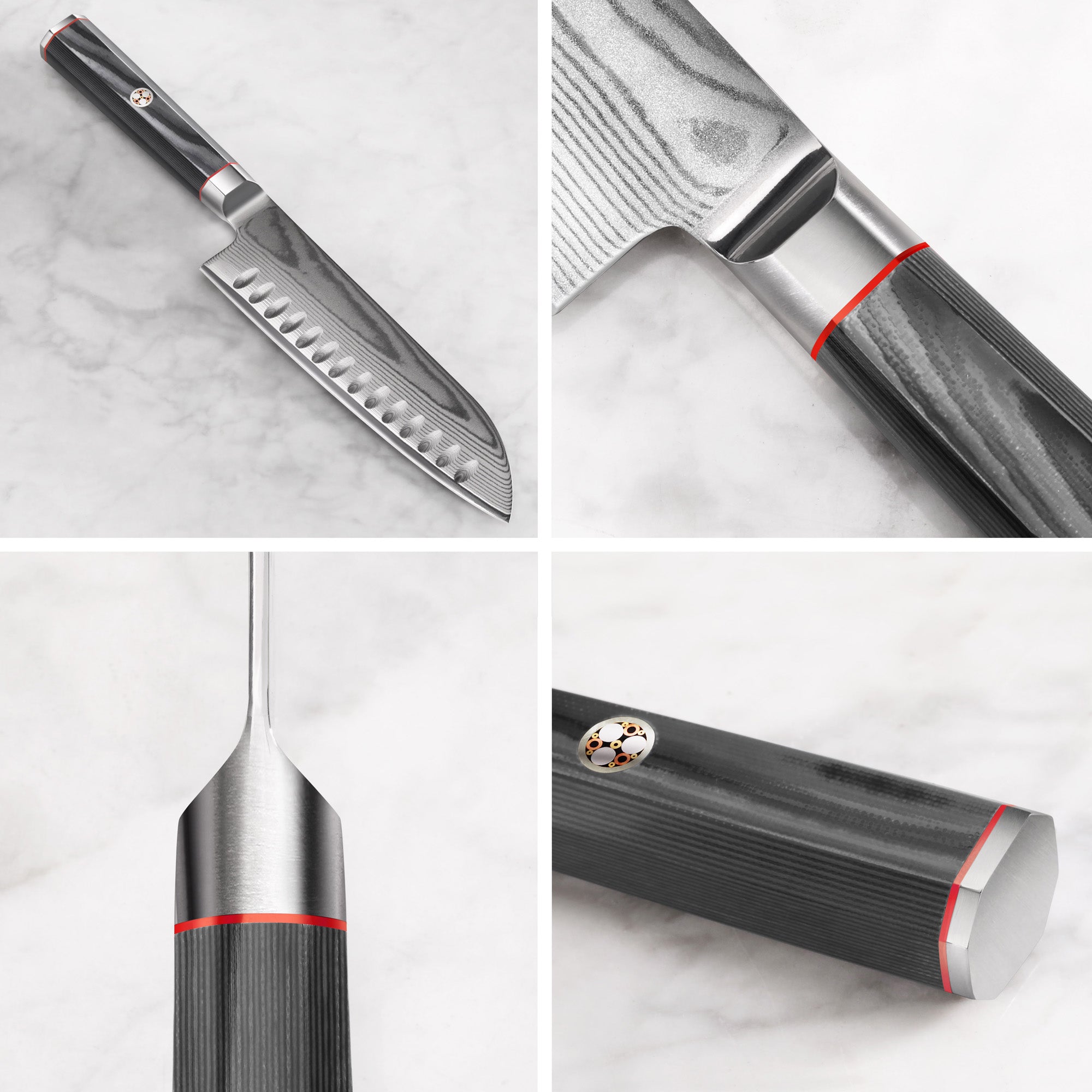 Santoku knife with patterned Damascus steel blade and dark textured handle with red and silver accents shown from multiple an