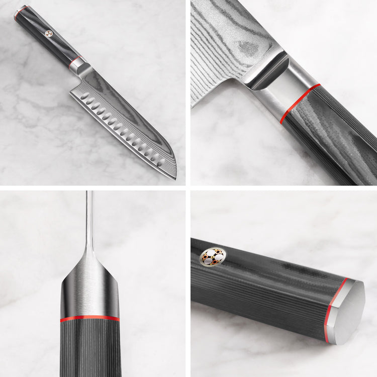 Santoku knife with patterned Damascus steel blade and dark textured handle with red and silver accents shown from multiple an