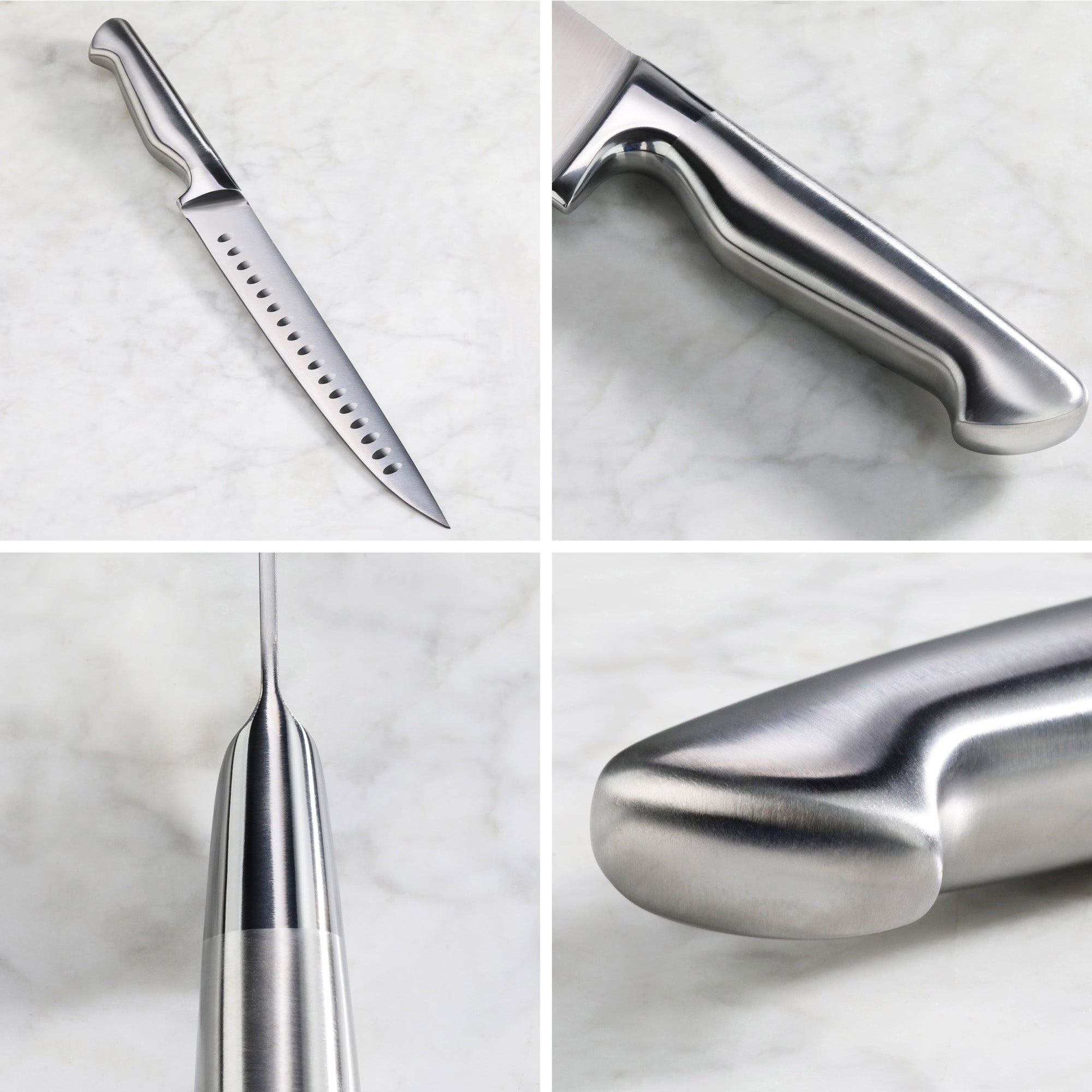 Two-piece carving set with long, narrow blades featuring oval cutouts and smooth, contoured metal handles shown from multiple
