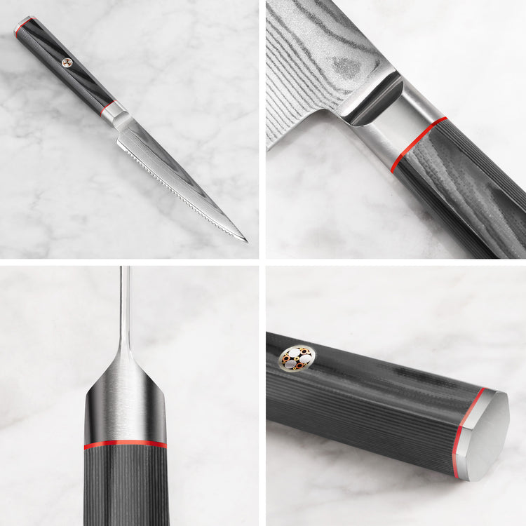 Serrated utility knife with black handle, red accents, and Damascus steel blade shown from multiple close-up angles.