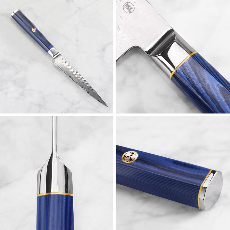 KITA Series 5-inch serrated utility knife with blue handle, showing full blade, handle details, and metal accents.