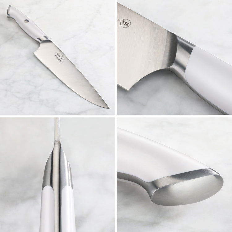 Chef's knife with white handle shown from multiple angles, highlighting blade, handle, and tang details.