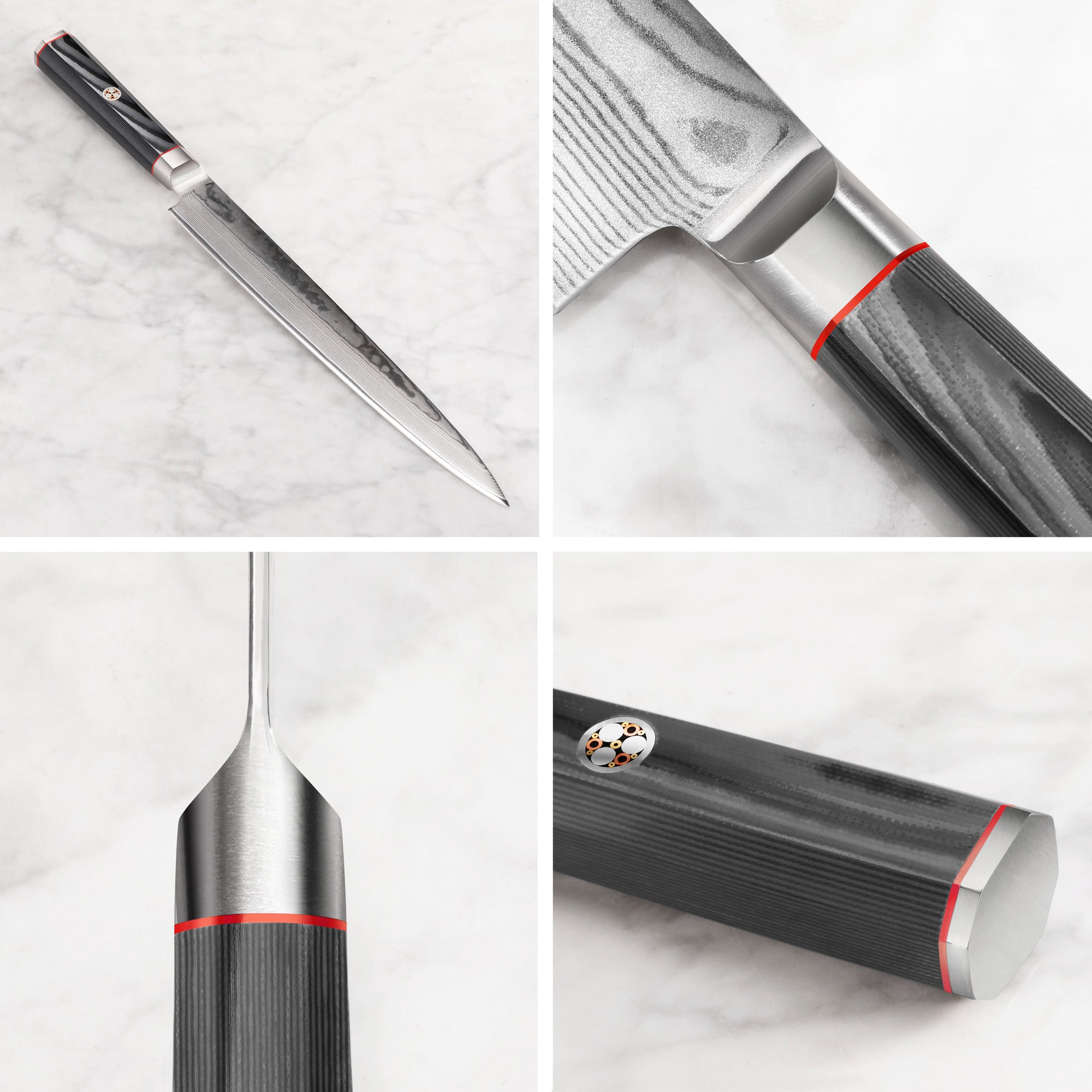 YARI Series 10-inch sashimi knife with dark wood handle, polished blade, and metal bolster shown from multiple close-up angle
