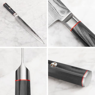 
                    
                      YARI Series 10-inch sashimi knife with dark wood handle, polished blade, and metal bolster shown from multiple close-up angle
                    
                  