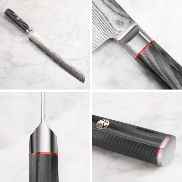 YARI Series 9-inch bread knife with Damascus steel blade and black textured handle shown from multiple close-up angles.