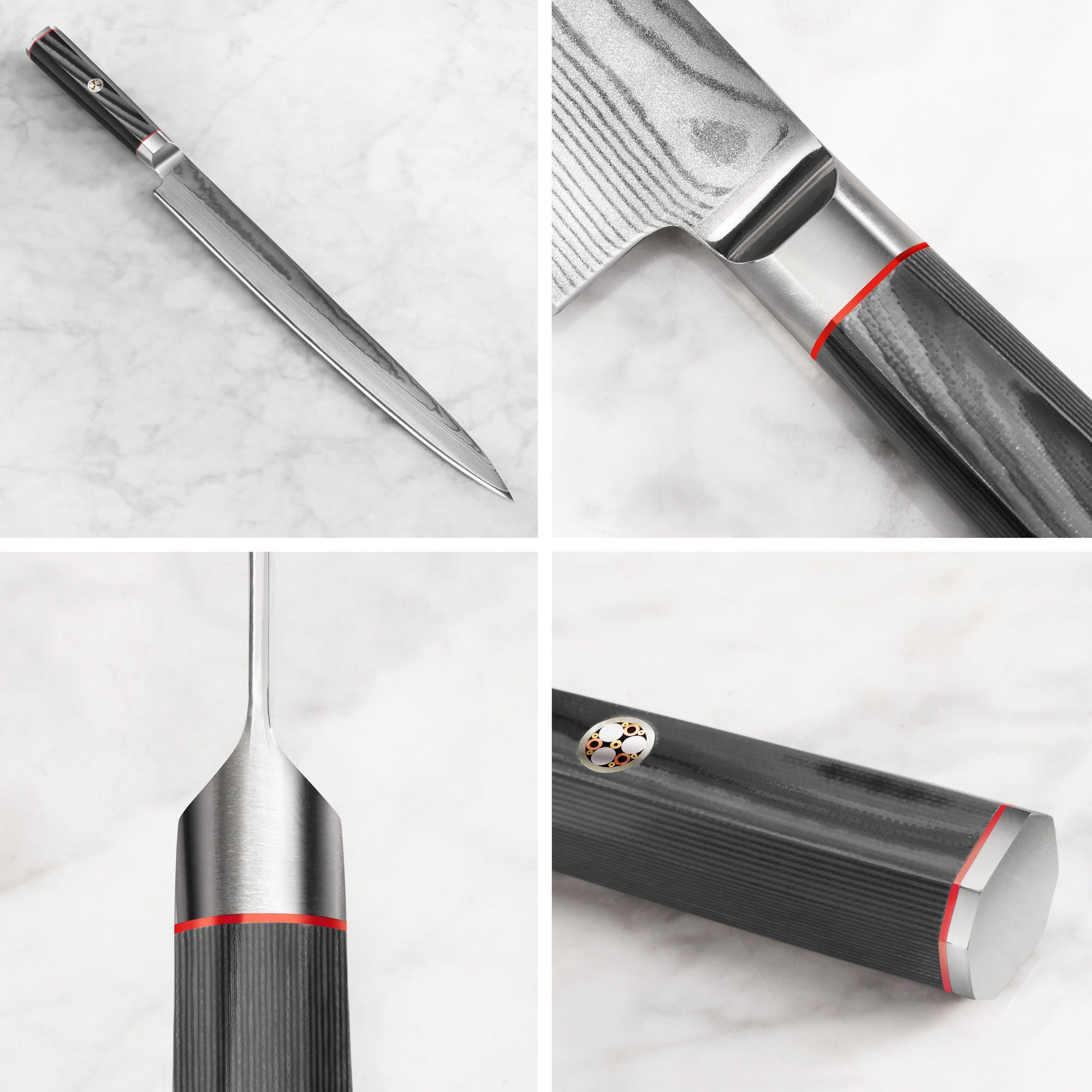 YARI Series 12-inch sashimi knife with dark wood handle and sheath, close-ups of blade, handle, and end cap details.