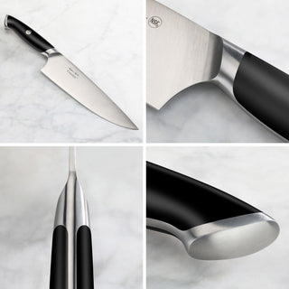 
                    
                      Chef's knife with black handle and stainless steel blade shown from multiple angles on a light surface.
                    
                  