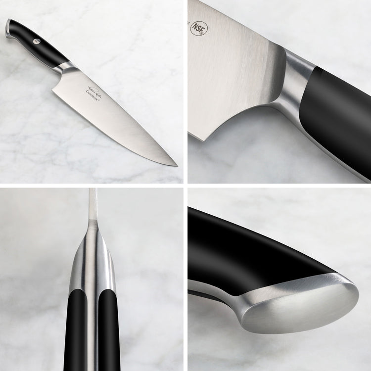Chef's knife with black handle and stainless steel blade shown from multiple angles on a light surface.