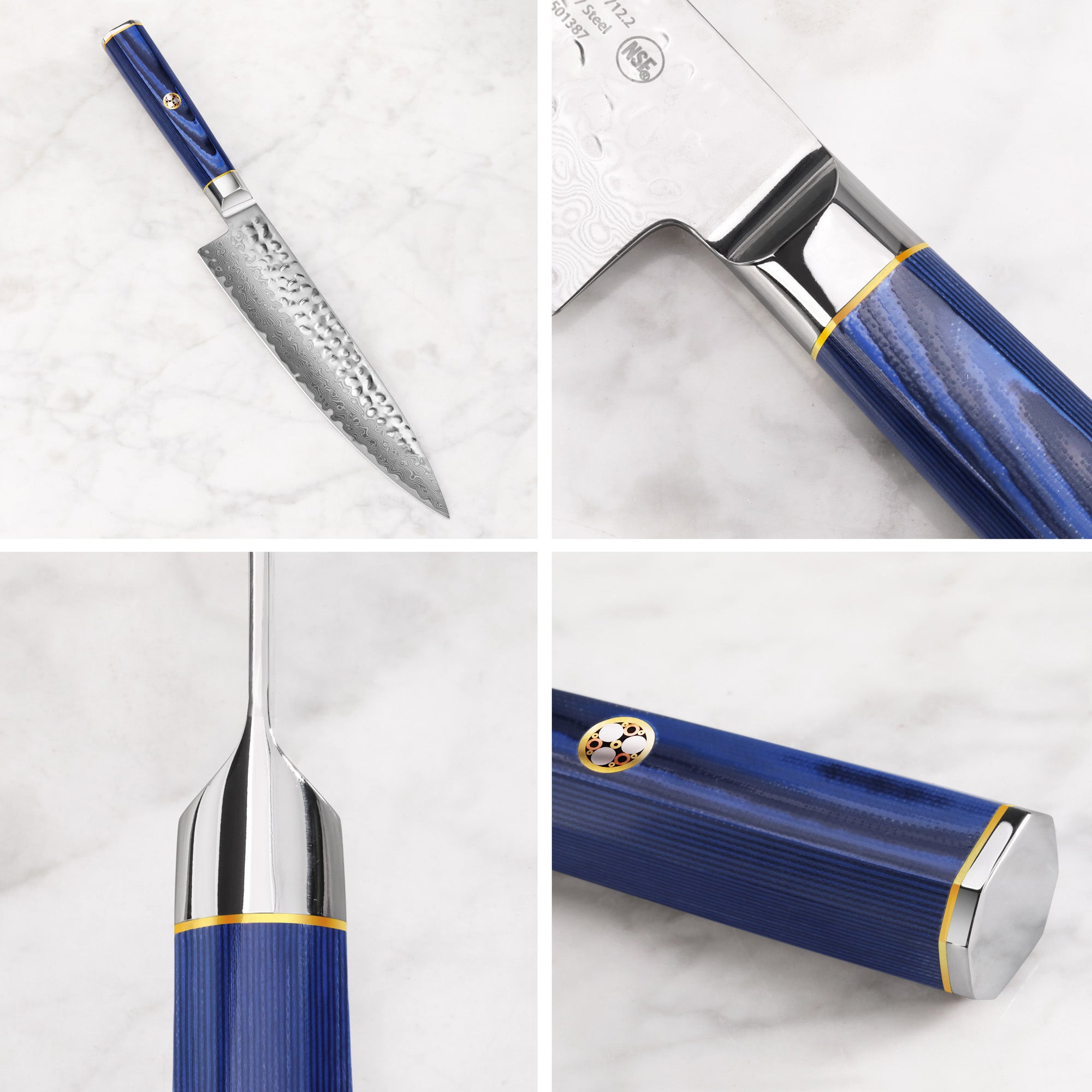 12-inch sashimi knife with hammered blade and blue textured handle with metal accents on marble surface.