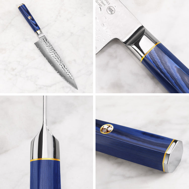 12-inch sashimi knife with hammered blade and blue textured handle with metal accents on marble surface.