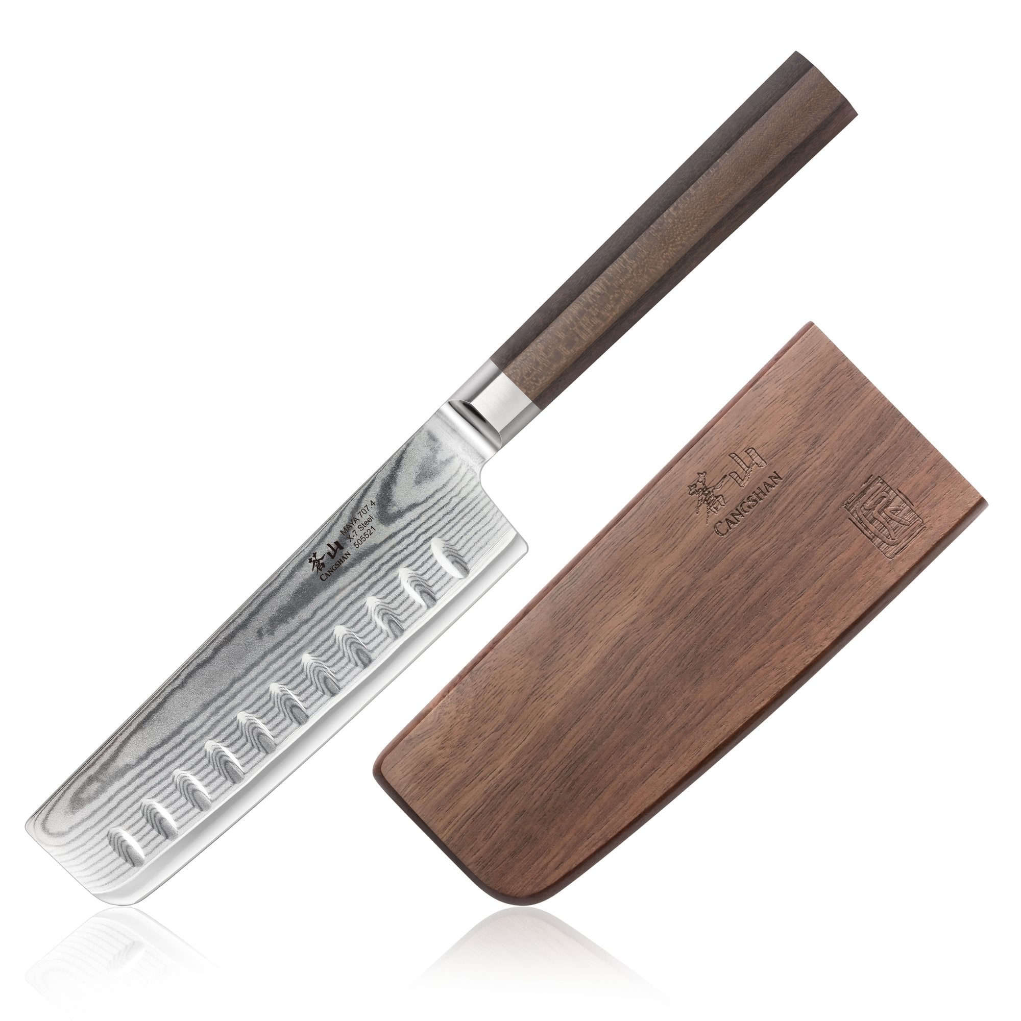 Nakiri knife with patterned Damascus steel blade and wooden handle, alongside a matching wooden sheath.