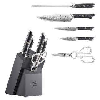 
                    
                      Six-piece knife set with black handles, including chef's knife, paring knife, honing steel, kitchen scissors, and a black kni
                    
                  