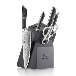 
                    
                      Six-piece knife set with patterned blades, black handles, scissors, and a black angled block with "CANGSHAN" logo.
                    
                  