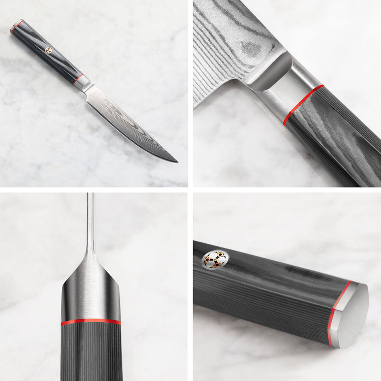 Steak knife with dark wood handle and Damascus steel blade shown from multiple close-up angles.