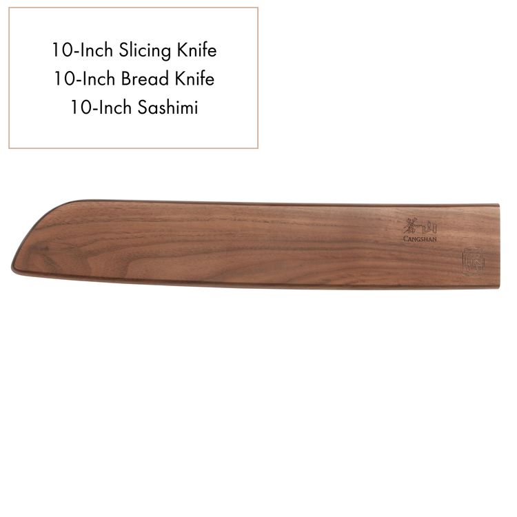 Walnut magnetic knife sheath with saya style blade protection, engraved with branding on the side.