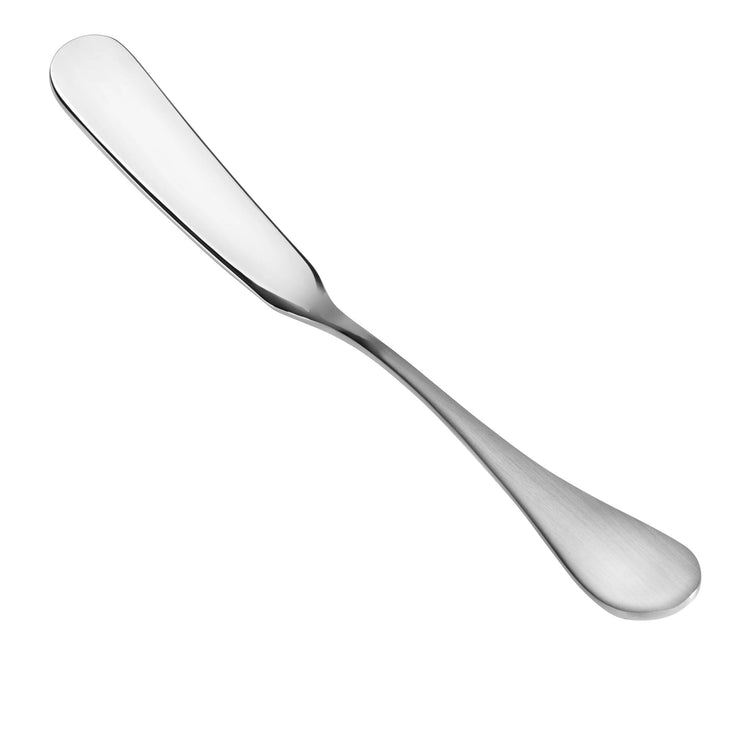 Stainless steel butter knife with a flat, rounded blade and matte finish handle.