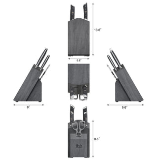 
                    
                      Knife block set with six knives and scissors, shown from multiple angles with dimensions.
                    
                  
