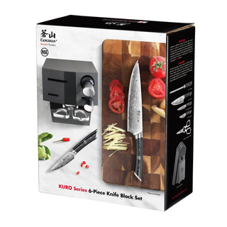 
                    
                      6-piece knife set with Damascus steel blades, wooden cutting board, and black magnetic knife block.
                    
                  
