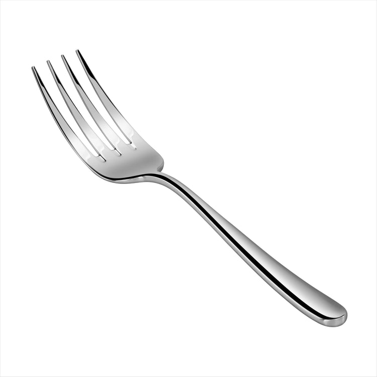 Serving fork with four tines, forged stainless steel, mirror finish, slightly curved handle.