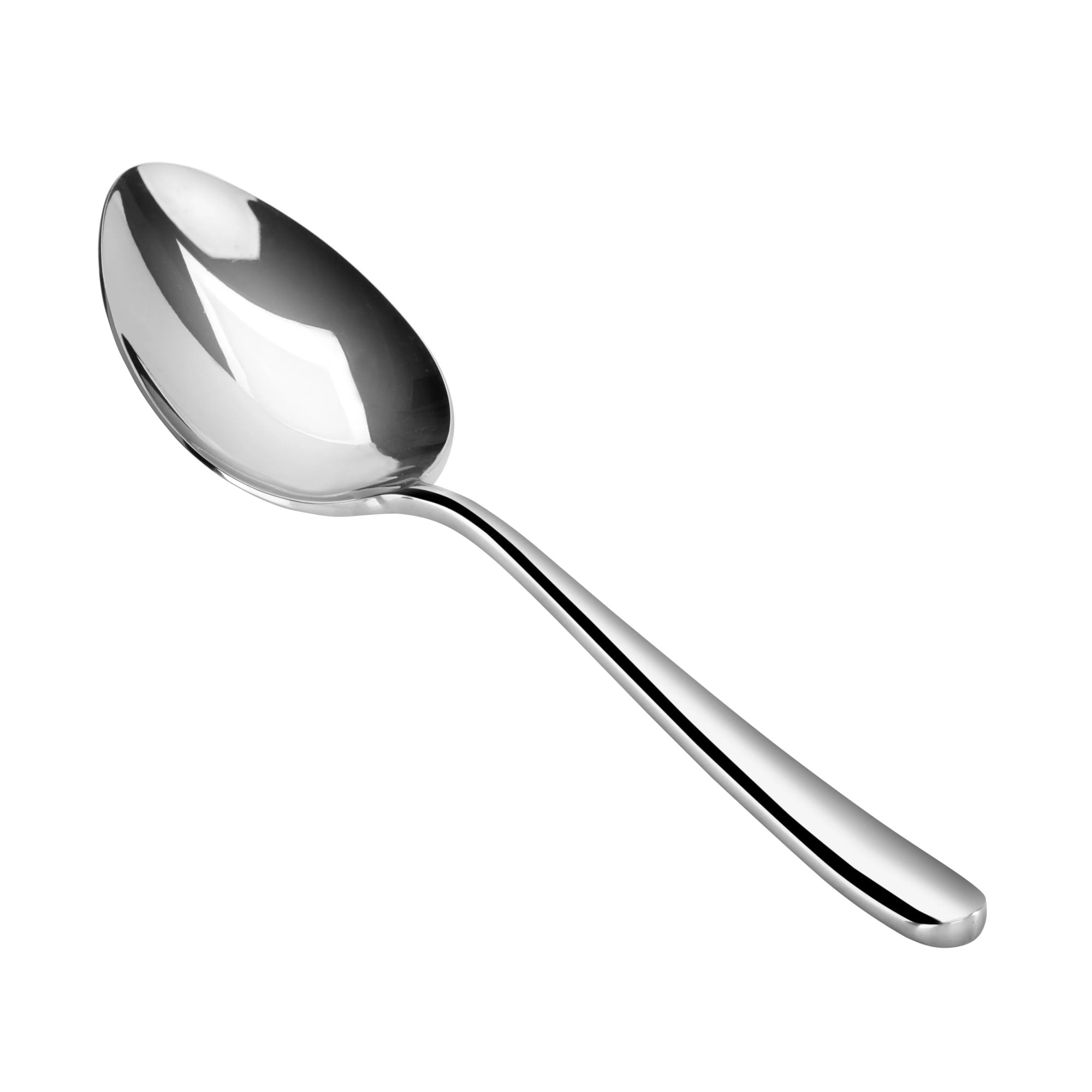 Serving spoon with a long handle and oval bowl, forged stainless steel with a mirror finish.