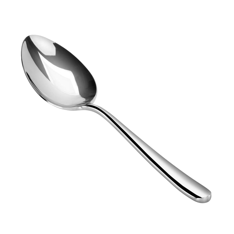 Serving spoon with a long handle and oval bowl, forged stainless steel with a mirror finish.