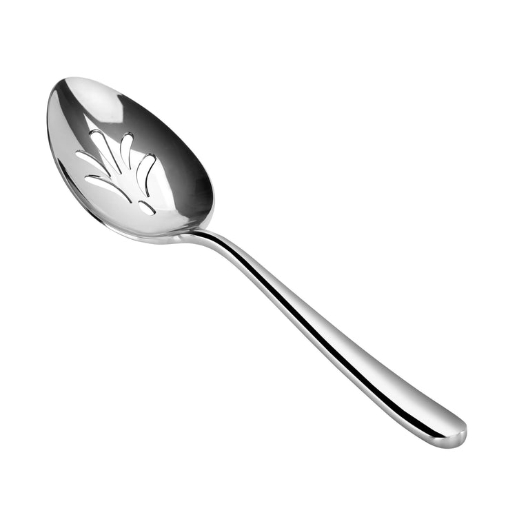 Slotted serving spoon with mirror finish, forged stainless steel, curved handle, and decorative cutouts in the bowl.