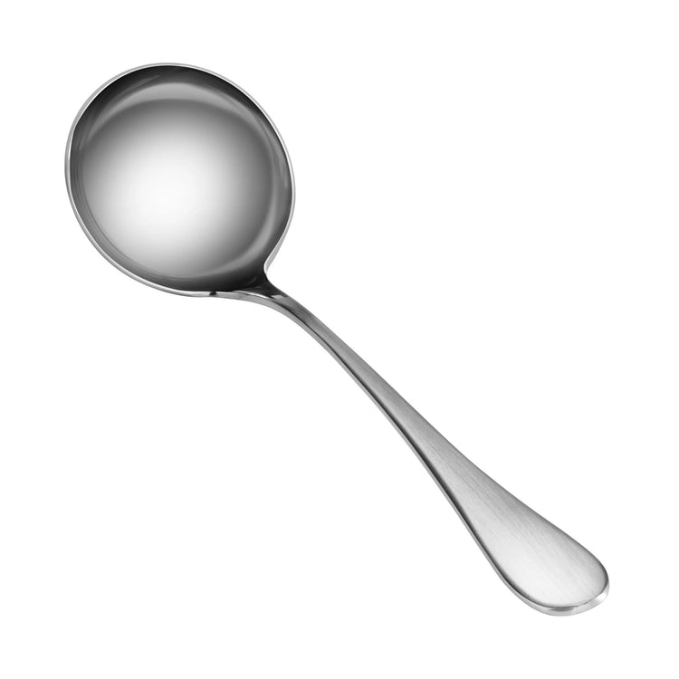 Stainless steel soup ladle with a deep round bowl and a matte finish handle.