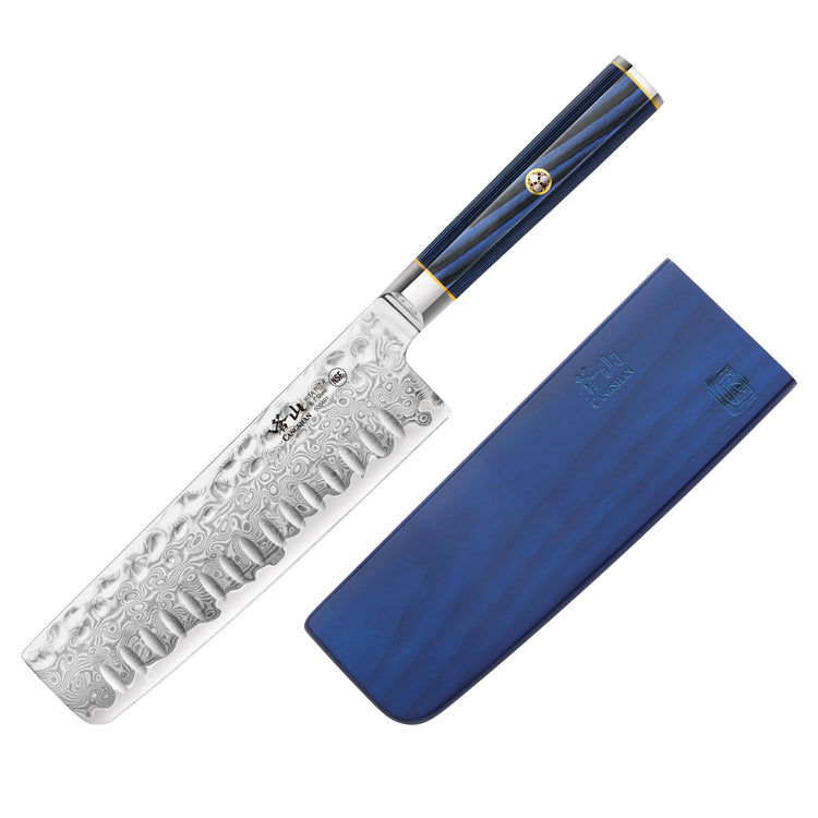Nakiri knife with patterned Damascus steel blade and blue textured handle, alongside a matching blue sheath.