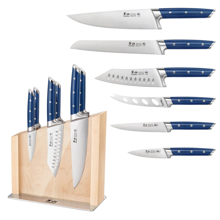 Seven-piece knife set with blue handles and stainless steel blades, displayed in a wooden block stand.