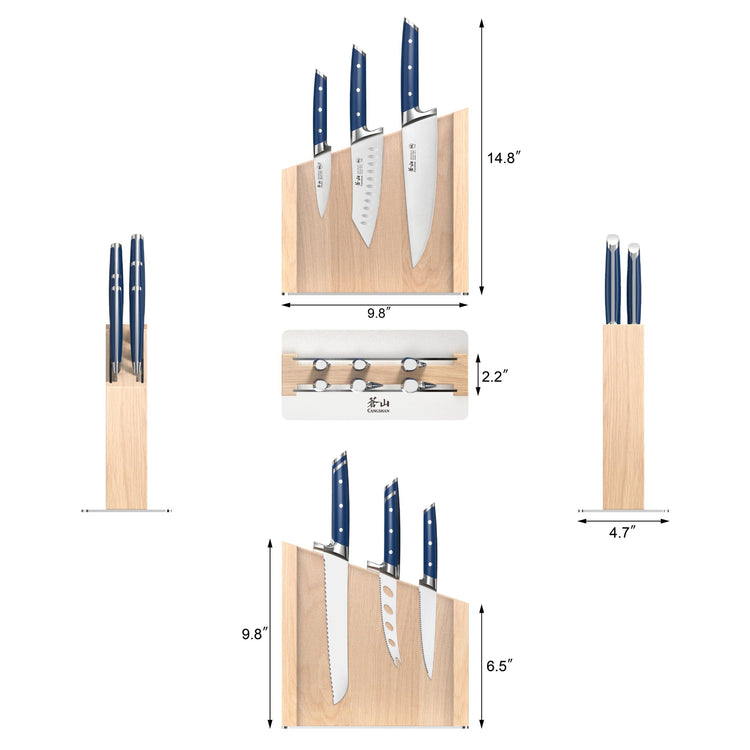 Wooden magnetic knife block with three knives featuring blue handles, shown from multiple angles with dimensions.