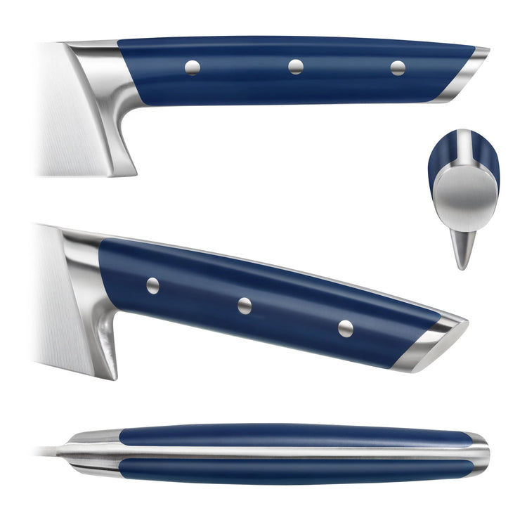 Blue-handled knife with a stainless steel blade and riveted handle, shown from multiple angles.