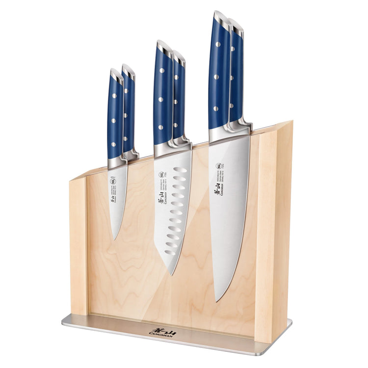 Seven-piece magnetic knife block set with blue-handled knives and maple wood holder on metal base.