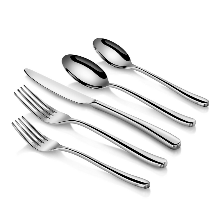 Five pieces of polished stainless steel flatware including two forks, one knife, and two spoons arranged on a white backgroun