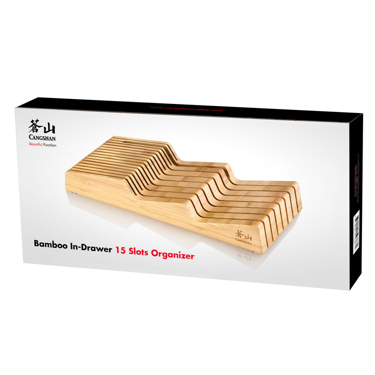 Bamboo knife organizer with 15 angled slots designed for in-drawer storage.