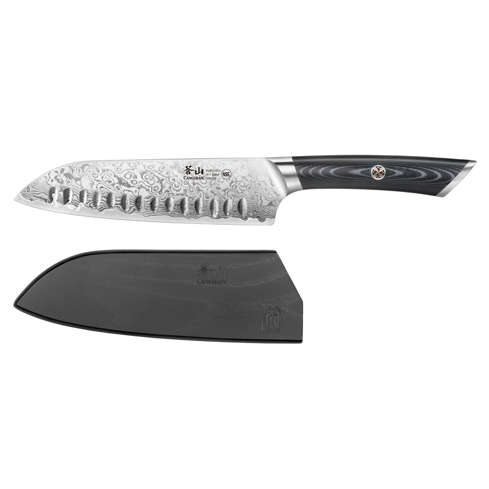 
                  
                    Load image into Gallery viewer, KURO Series 7-inch Santoku Knife with Sheath, High Carbon X-7 Damascus Steel, 504265
                  
                
