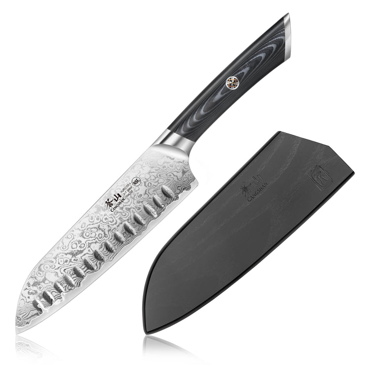 7-inch Santoku knife with patterned Damascus steel blade and black ergonomic handle, accompanied by a black protective sheath