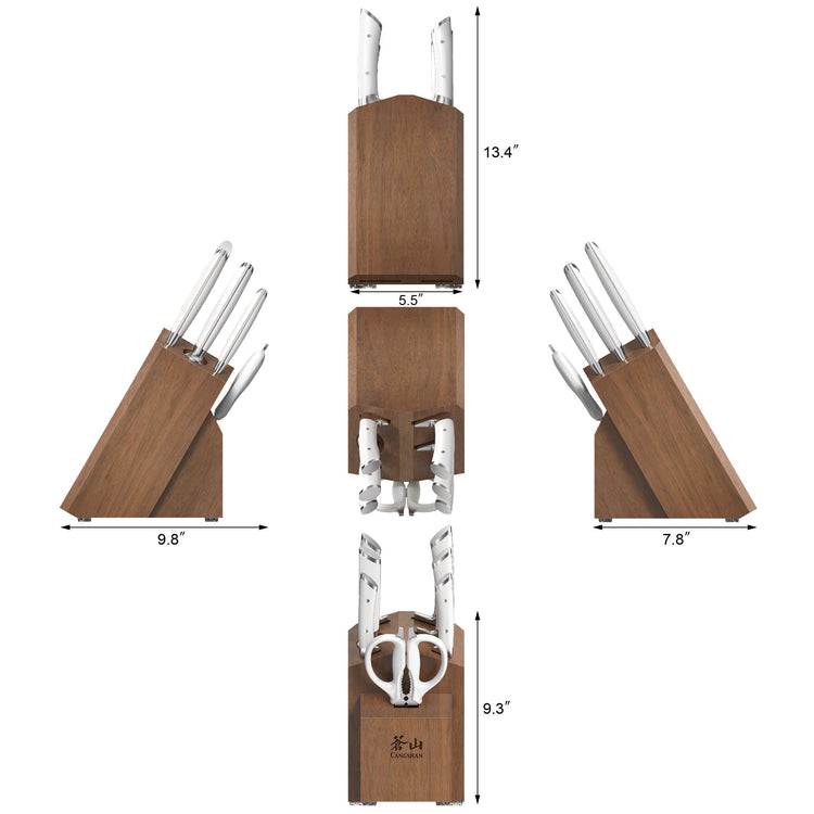 Wooden knife block holding six knives and kitchen shears, shown from four angles with dimensions.