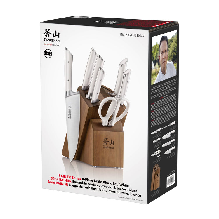 Knife block set with six knives and kitchen scissors in a wooden acacia block, displayed on packaging box.