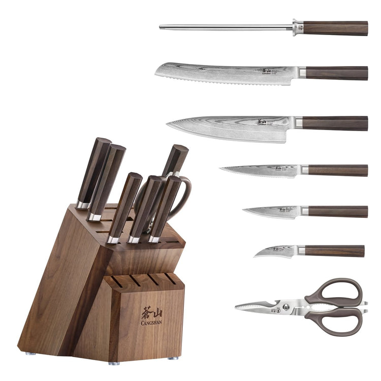 Eight-piece knife set with wooden handles and block, including various knives, sharpening steel, and kitchen shears.