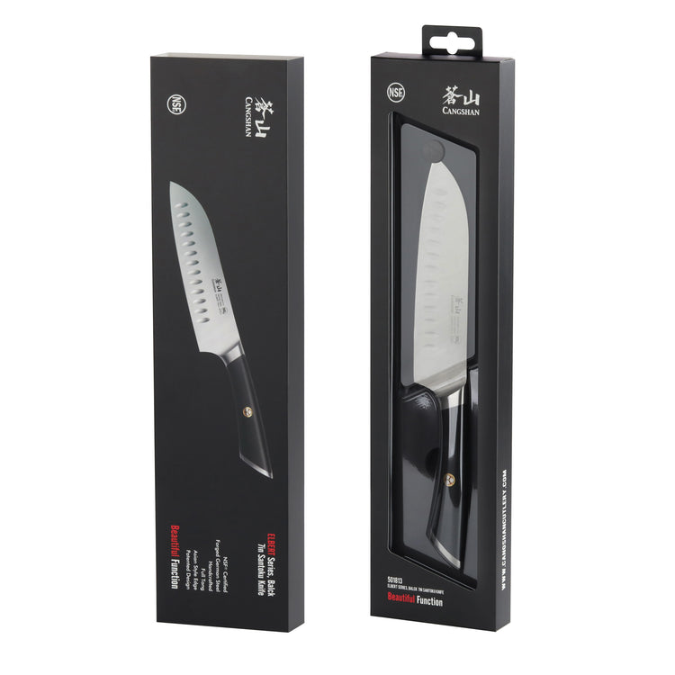 ELBERT Series 7-inch Santoku knife with black handle displayed in black retail packaging with window.