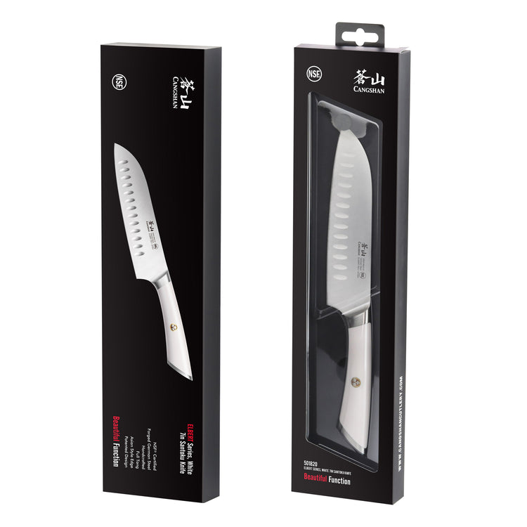 ELBERT Series 7-inch Santoku knife with white handle displayed in black packaging with window showing the blade.
