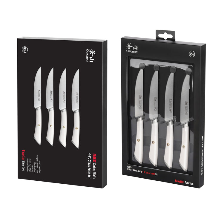 Four fine-edge steak knives with white handles displayed in black packaging, labeled with brand and product details.