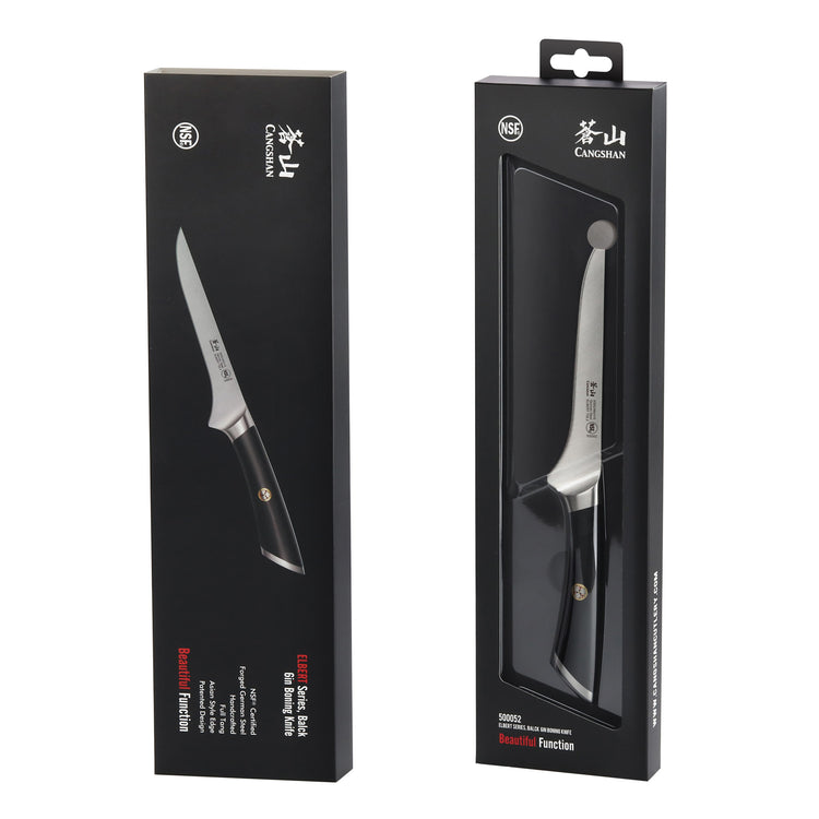 ELBERT Series 6-inch boning knife with black handle displayed in black retail packaging.