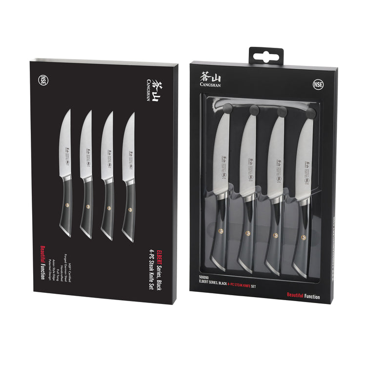 Four steak knives with black handles and stainless steel blades displayed in black packaging, arranged side by side.