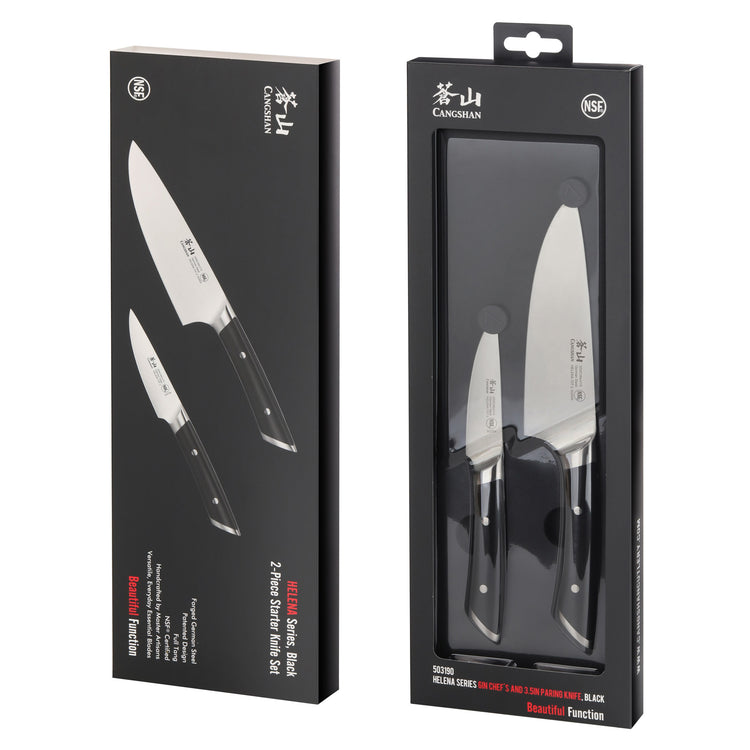 Two-piece starter knife set with black handles and stainless steel blades in black retail packaging.