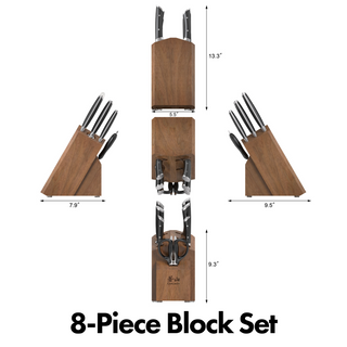 
                    
                      Wooden knife block with eight knives and scissors, shown from multiple angles with dimensions.
                    
                  