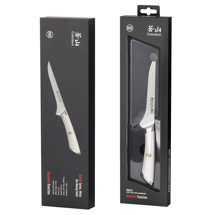ELBERT Series 6-inch boning knife with white handle displayed in black packaging with clear window.