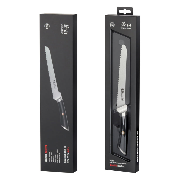 ELBERT Series 8-inch offset bread knife with serrated blade and black handle in black retail packaging.
