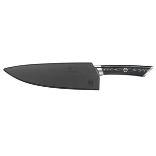 
                    
                      8-inch chef's knife with black protective sheath and black handle with silver accents.
                    
                  