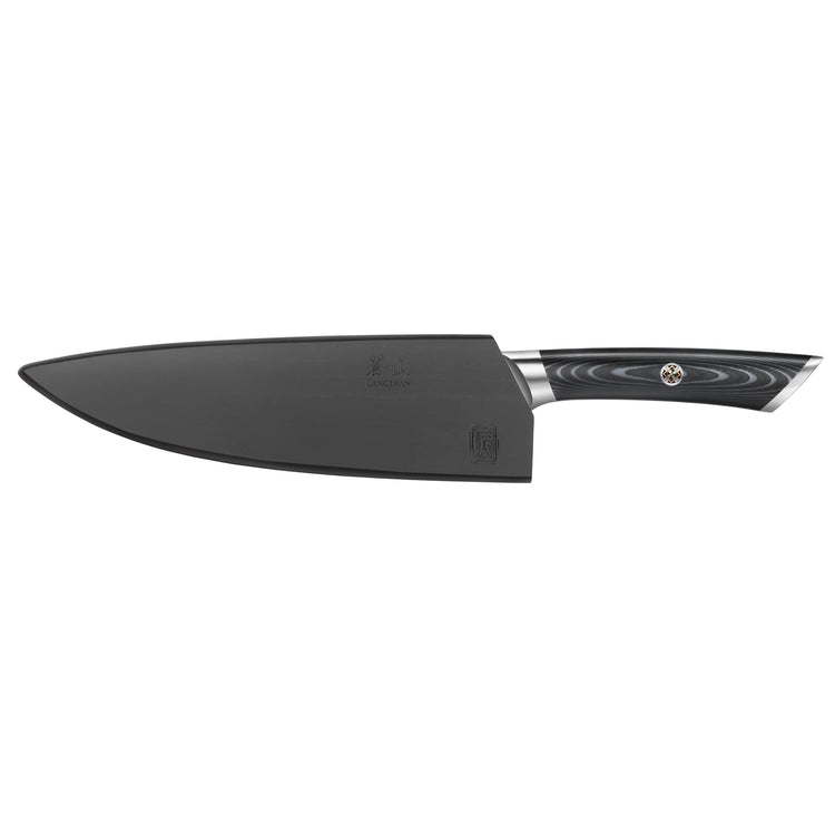 8-inch chef's knife with black protective sheath and black handle with silver accents.
